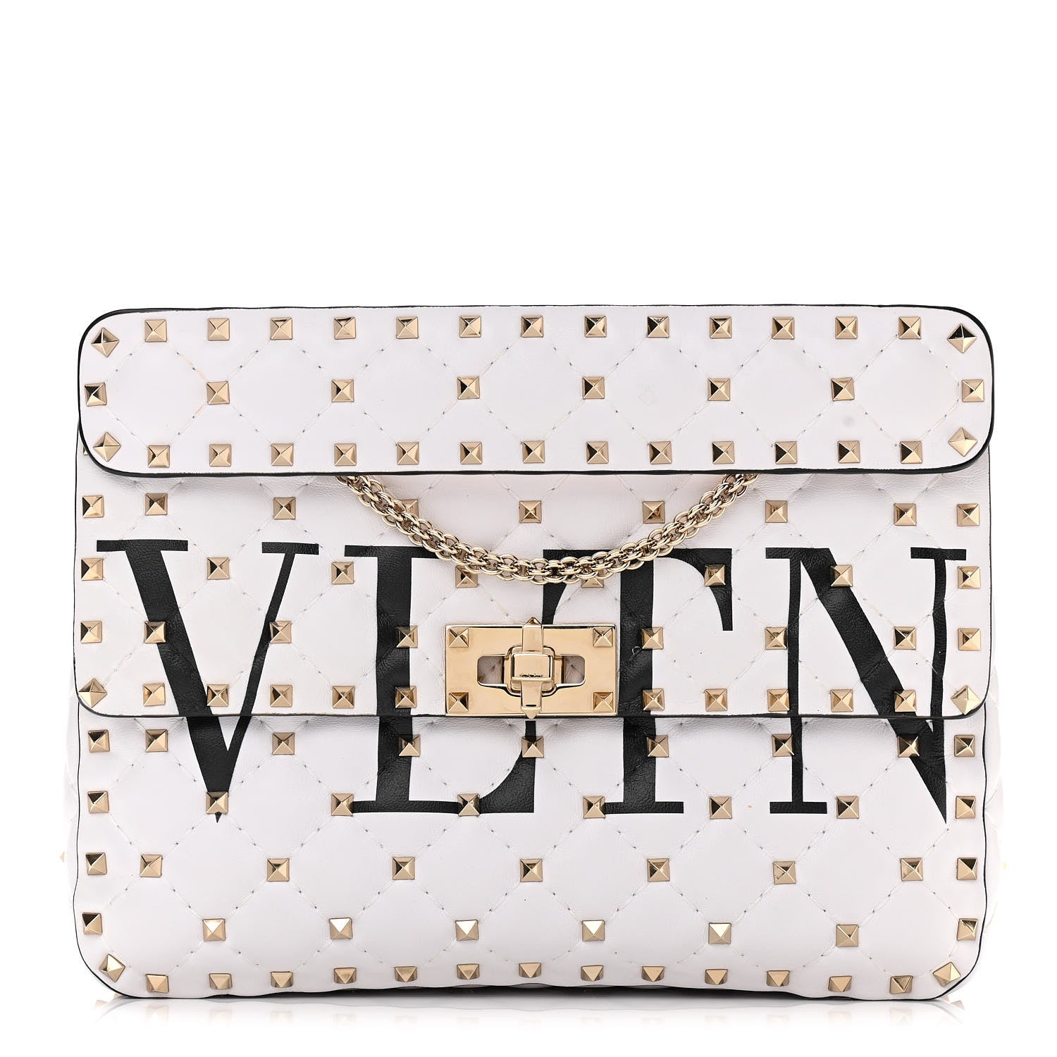 Valentino Garavani Lambskin VLTN Print Medium Rockstud Spike Shoulder Bag Optic White Black 1 of 9