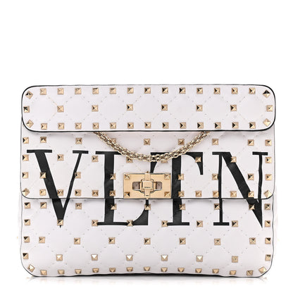 Valentino Garavani Lambskin VLTN Print Medium Rockstud Spike Shoulder Bag Optic White Black 1 of 9