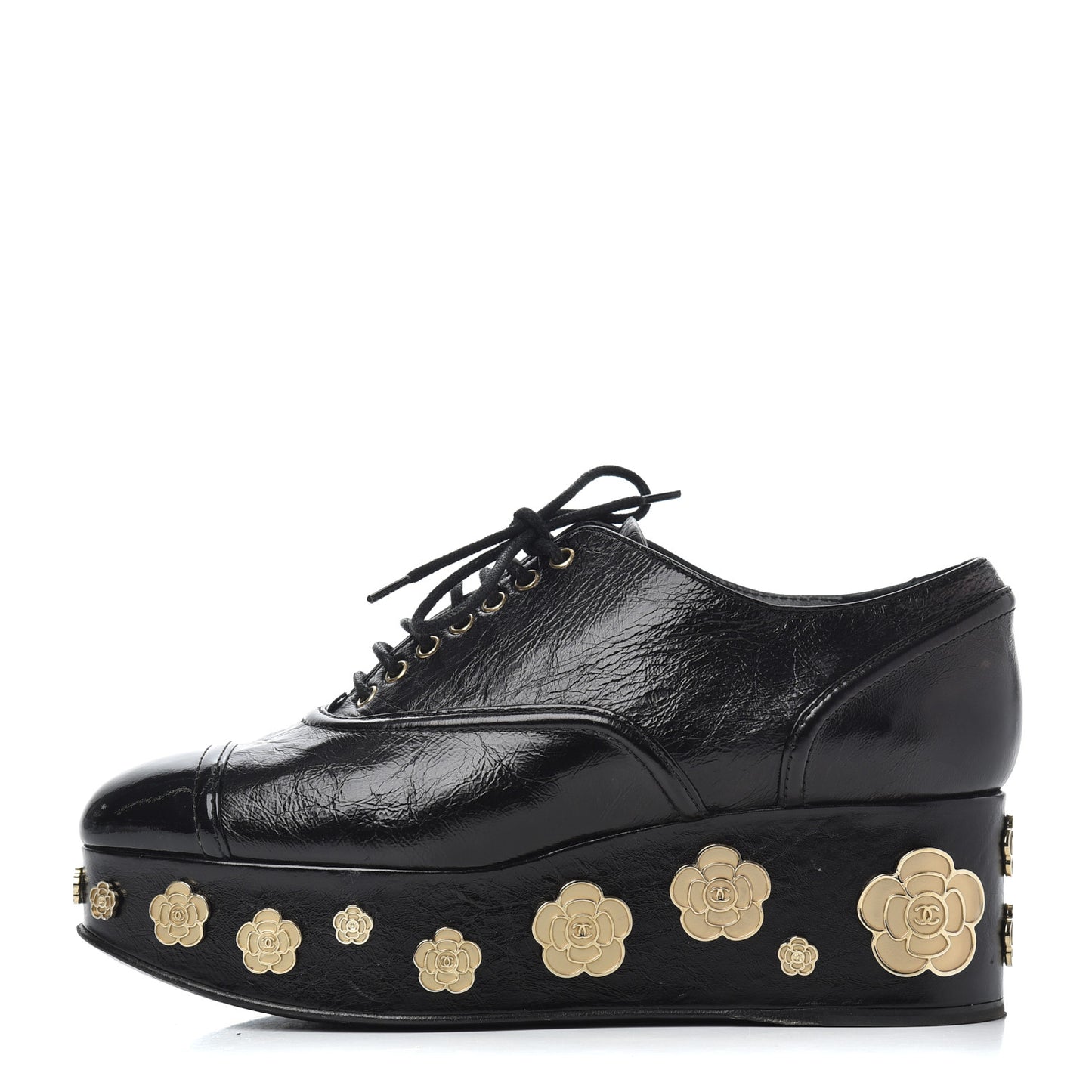 Crumpled Calfskin Lace Up Platform Oxfords 37 Black