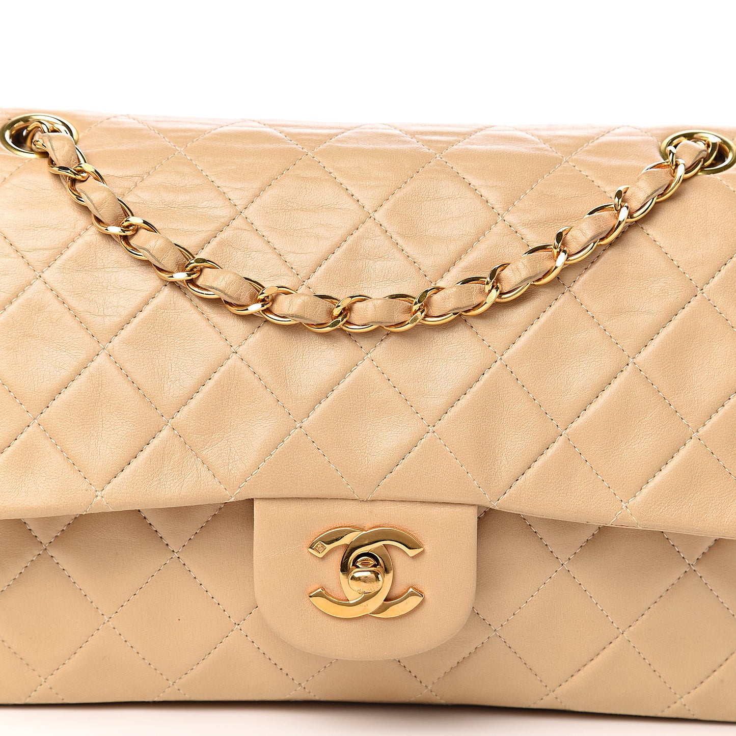Lambskin Quilted Medium Double Flap Beige