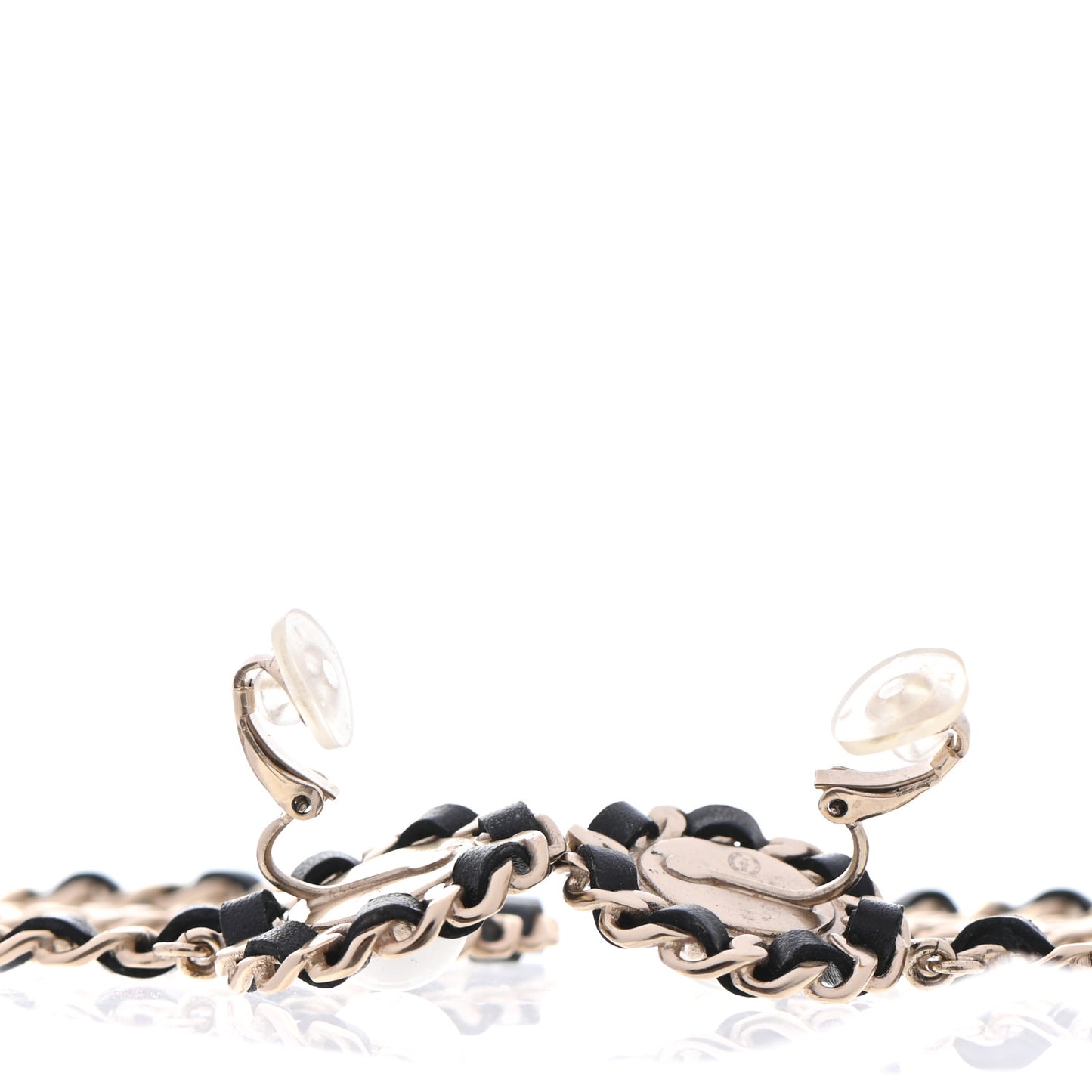 Pearl Lambskin Chain Logo Hoop Clip On Earrings Black Gold