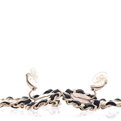 Chanel Pearl Lambskin Chain Logo Hoop Clip On Earrings Black Gold 3 of 4