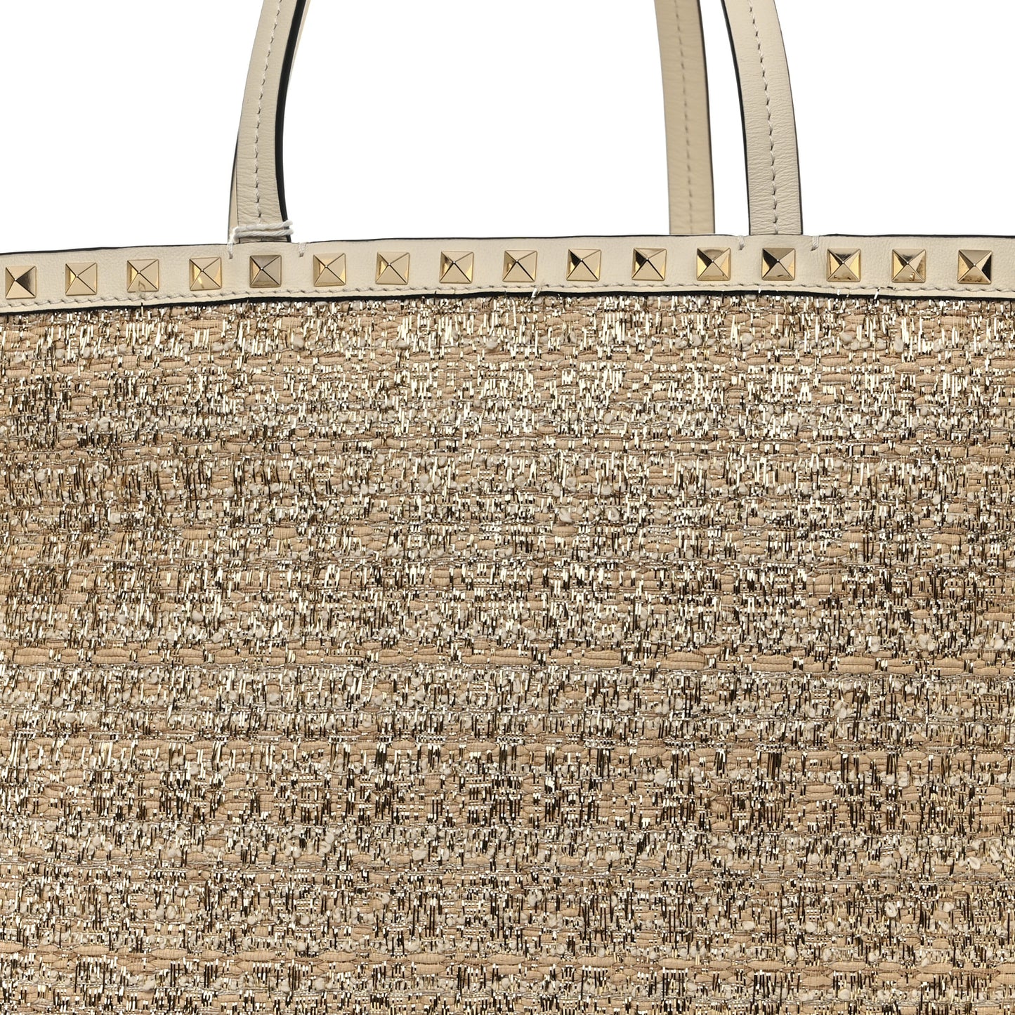 Metallic Boucle Raffia Calfskin Rockstud Shoulder Tote White Gold Ivory