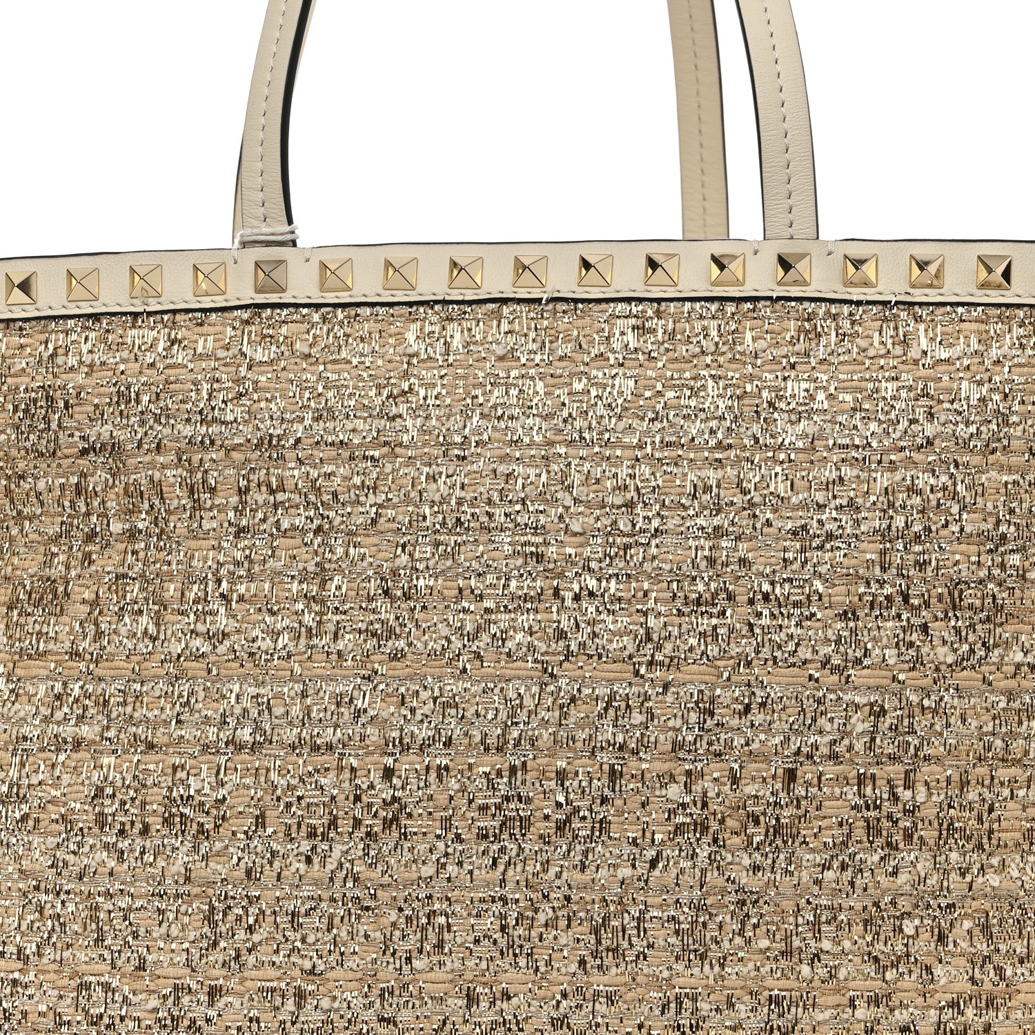 Valentino Garavani Metallic Boucle Raffia Calfskin Rockstud Shoulder Tote White Gold Ivory 7 of 9