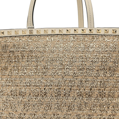 Valentino Garavani Metallic Boucle Raffia Calfskin Rockstud Shoulder Tote White Gold Ivory 7 of 9