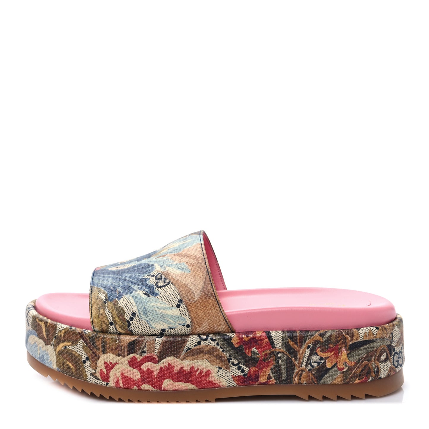 GG Supreme Monogram Water Flora Angelina Platform Slide Sandals 37 Beige Blue Multicolor