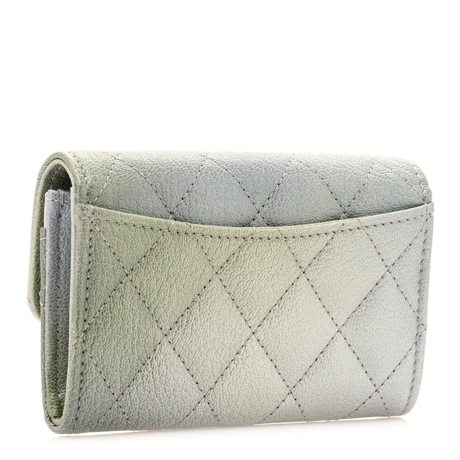Chanel Metallic Goatskin Quilted Ombre Flap Card Holder Wallet Grey Green 2 of 8