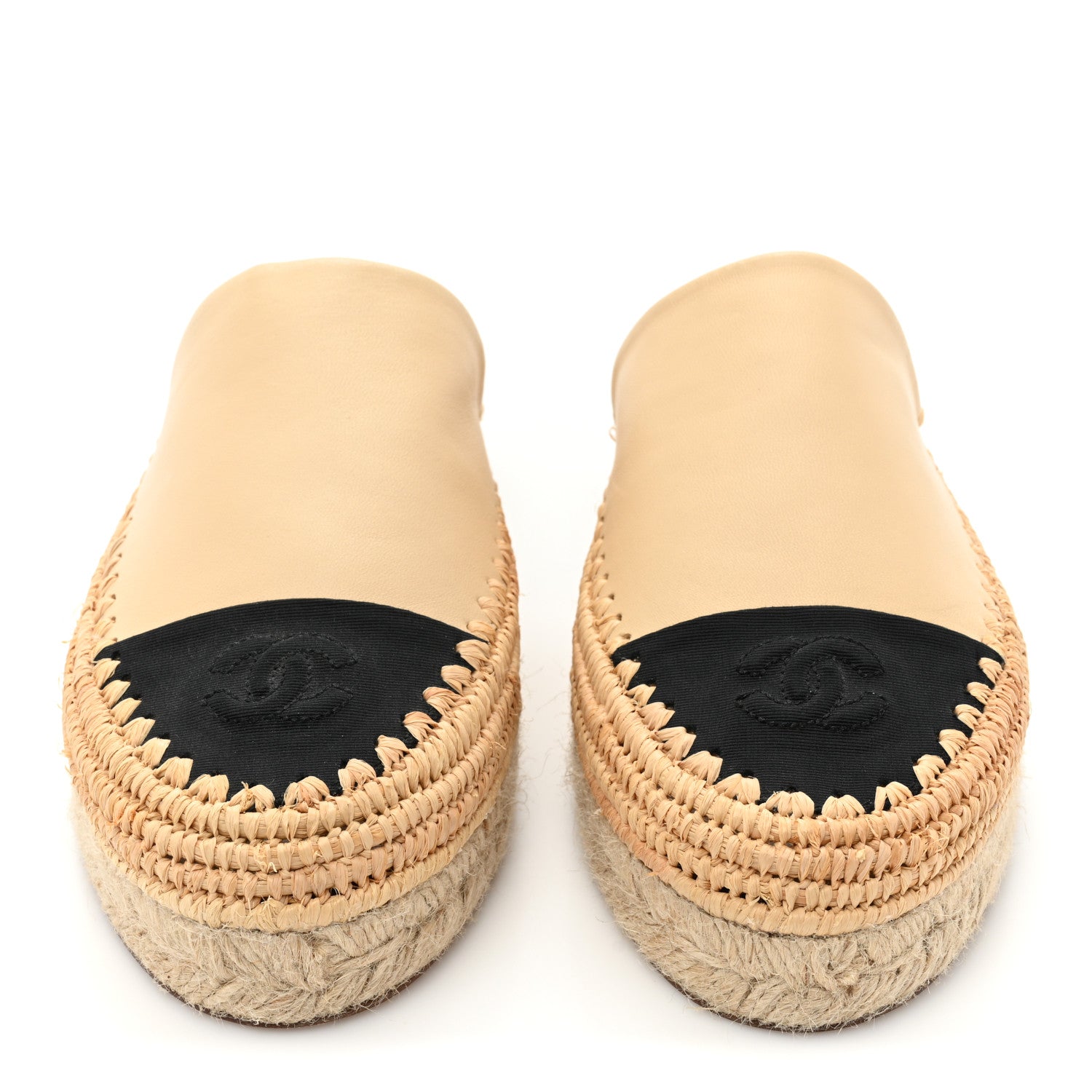Chanel Lambskin Grosgrain CC Espadrille Mules 39 Beige Black 2 of 9