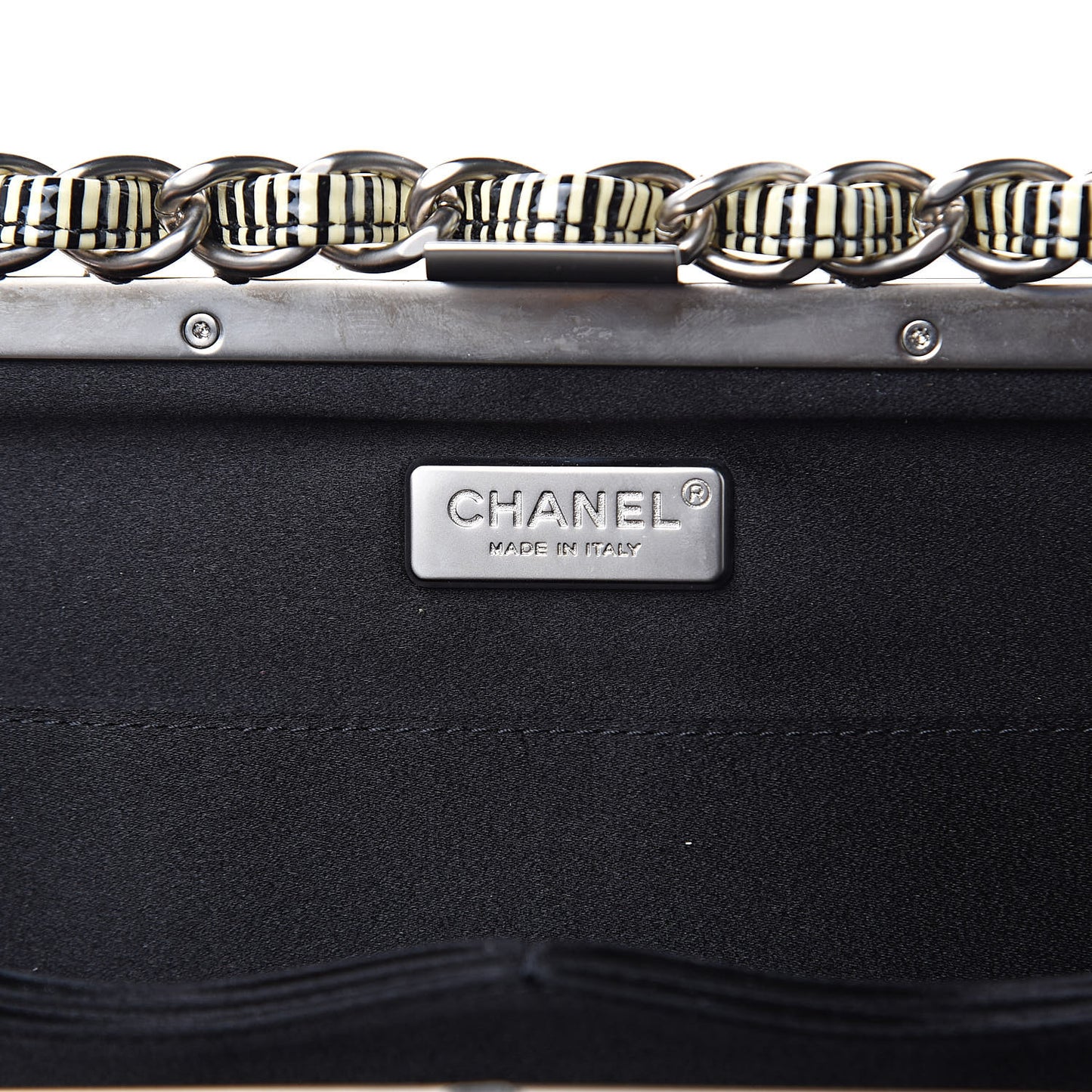 Patent Calfskin Striped Clutch Black