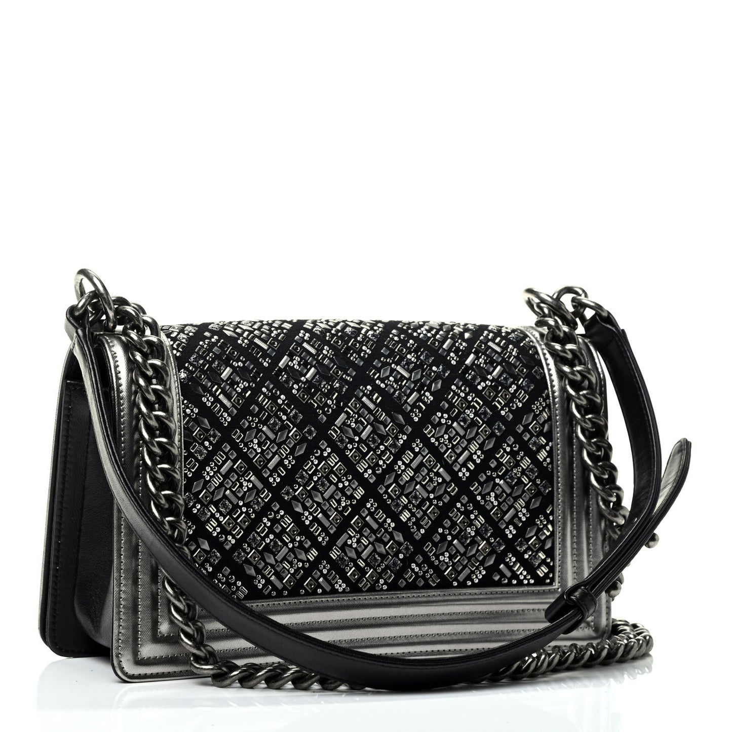 Metallic Lambskin Embellished Medium Boy Flap Black Silver