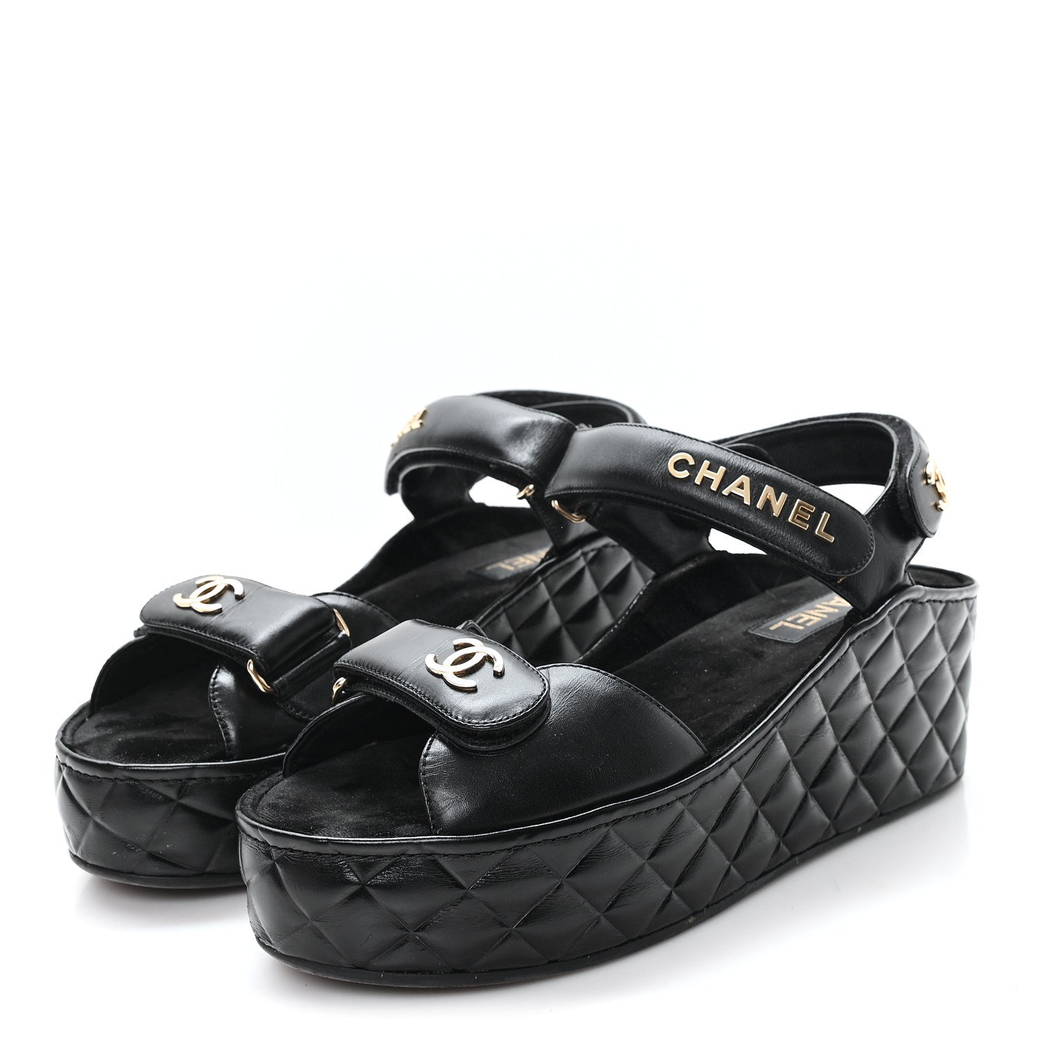 Chanel Shiny Calfskin Logo Platform Sandals 40 Black 4 of 10