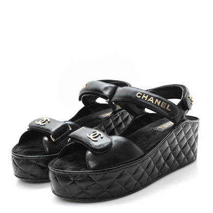 Chanel Shiny Calfskin Logo Platform Sandals 40 Black 4 of 10