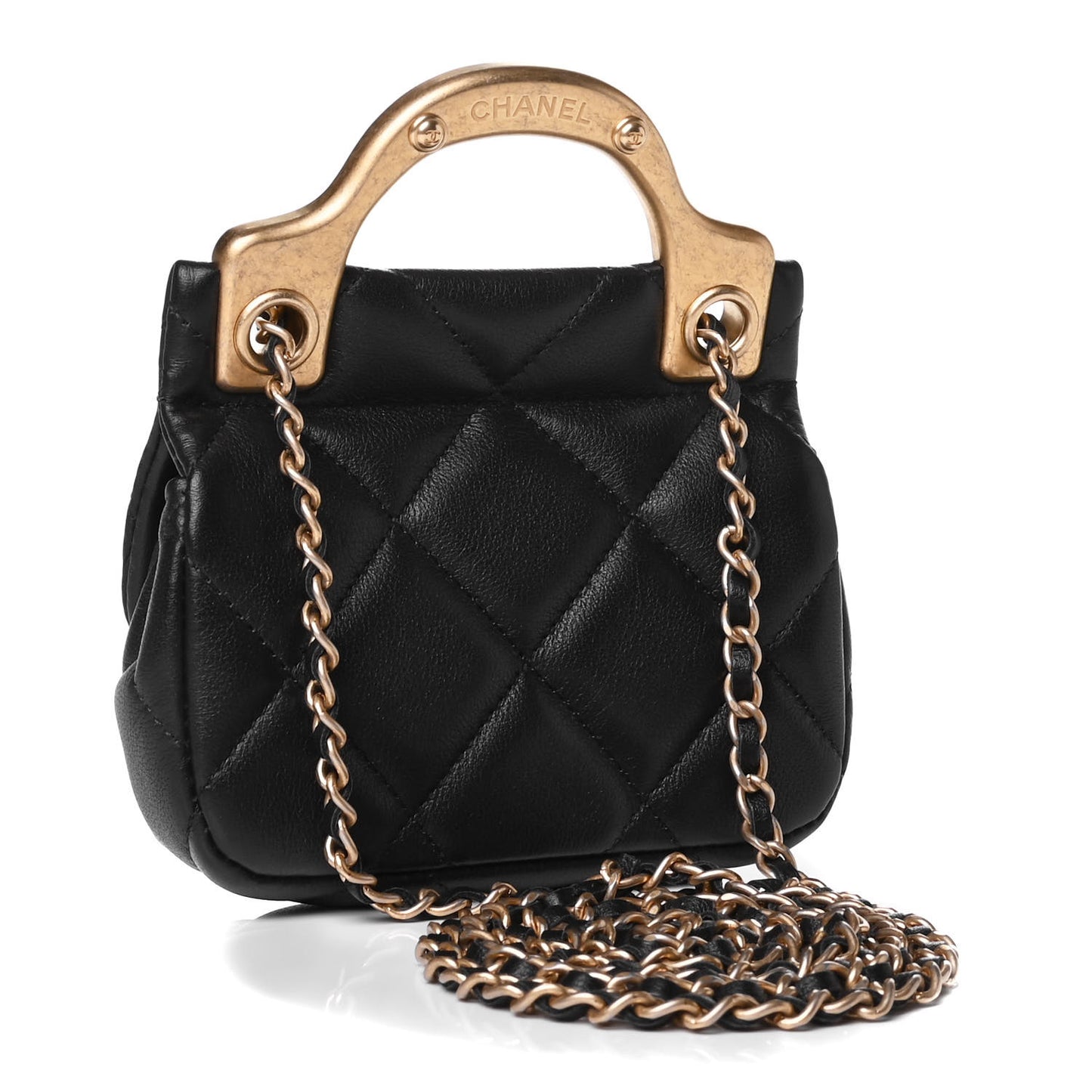 Calfskin Quilted Lady Handle Flap Card Holder With Chain Black