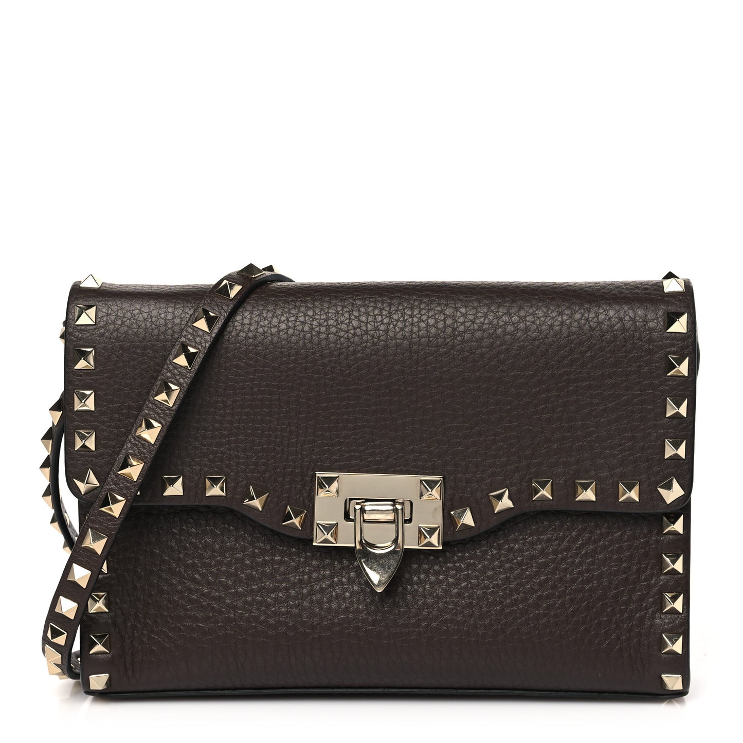 Pebbled Calfskin Medium Rockstud Flip Lock Crossbody Bag Deep Taupe
