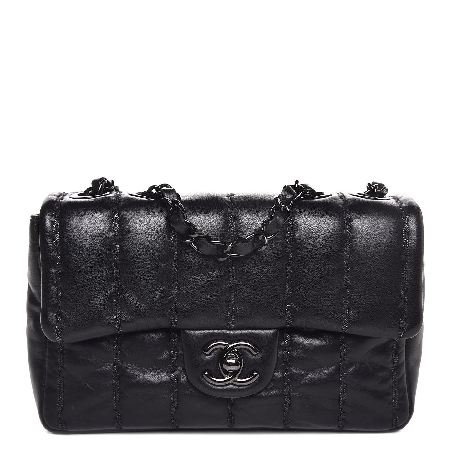 Lambskin Vertical Stitched Mini Flap Black