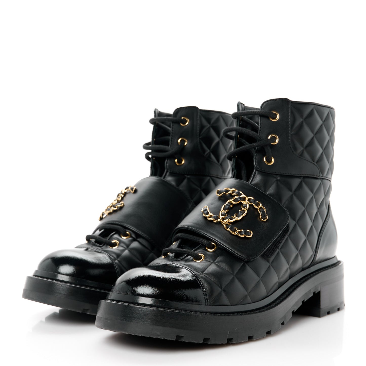 Shiny Calfskin Quilted Lace Up Combat Boots 39.5 Black