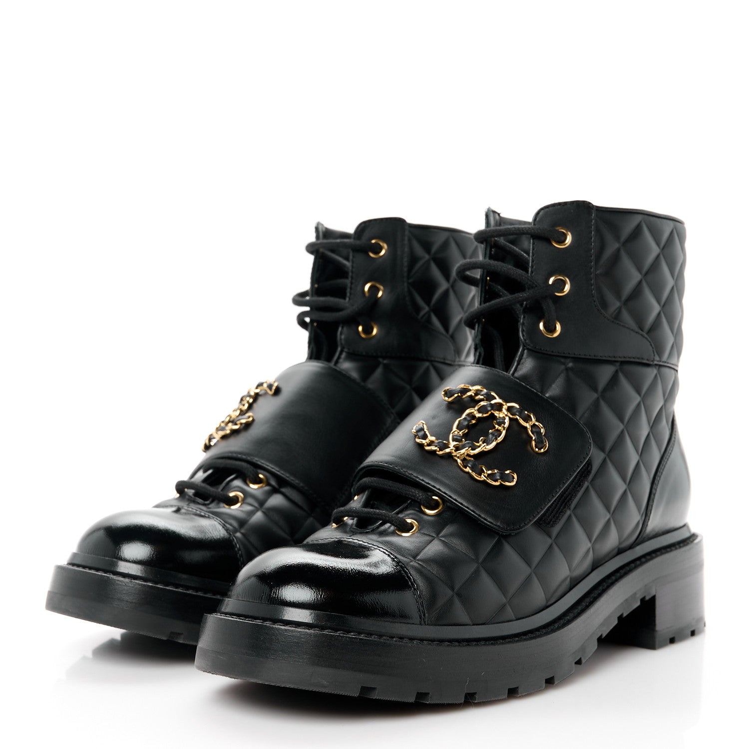 Chanel Shiny Calfskin Quilted Lace Up Combat Boots 39.5 Black 3 of 10