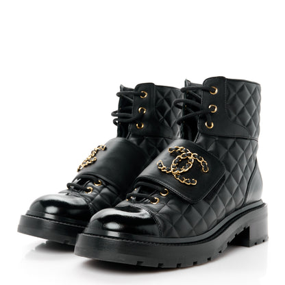 Chanel Shiny Calfskin Quilted Lace Up Combat Boots 39.5 Black 3 of 10