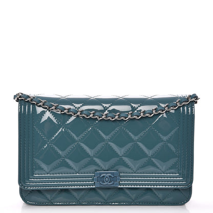 Chanel Patent Calfskin Quilted Boy Wallet On Chain WOC Peacock Blue 1 of 9