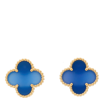 Van Cleef & Arpels 18K Yellow Gold Blue Agate Vintage Alhambra Earrings 1 of 5