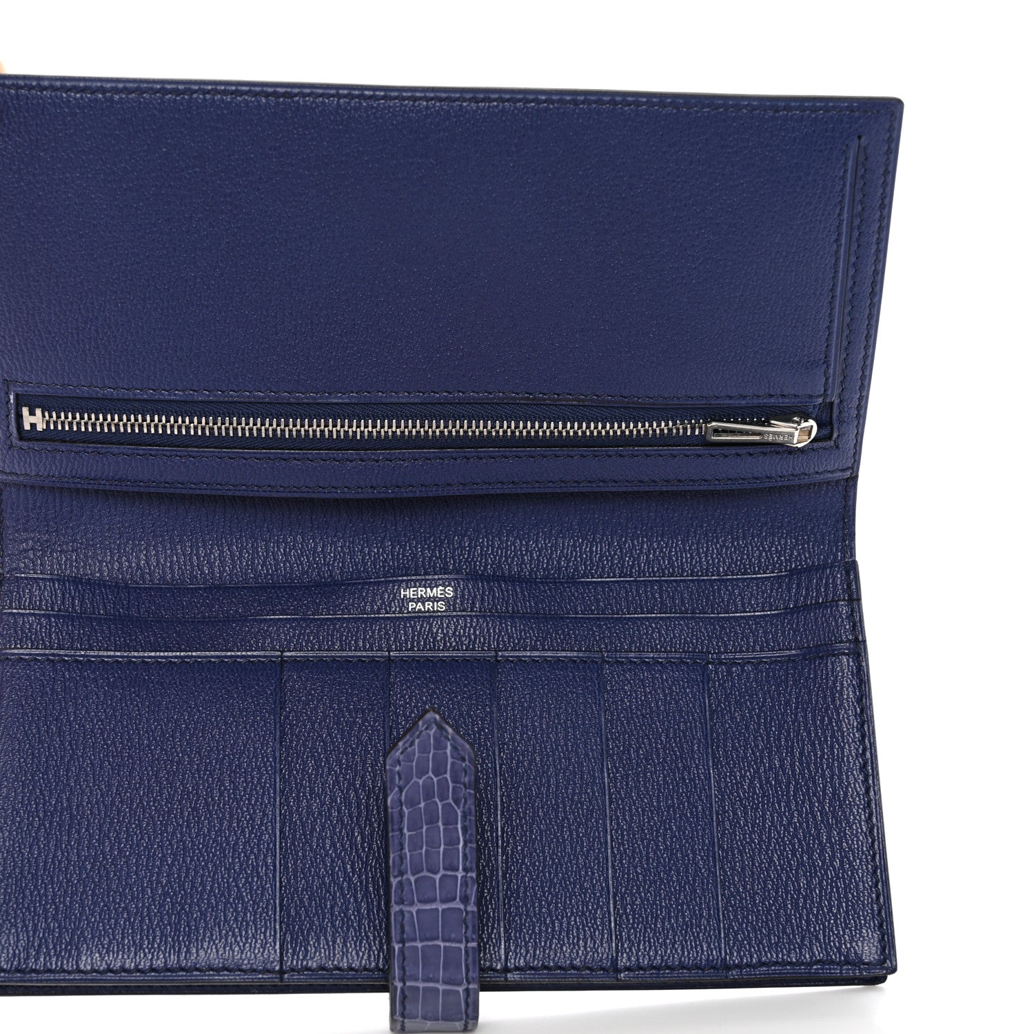 Hermes Shiny Porosus Crocodile 18K White Gold Diamond Bearn Wallet Bleu Ciel 5 of 11