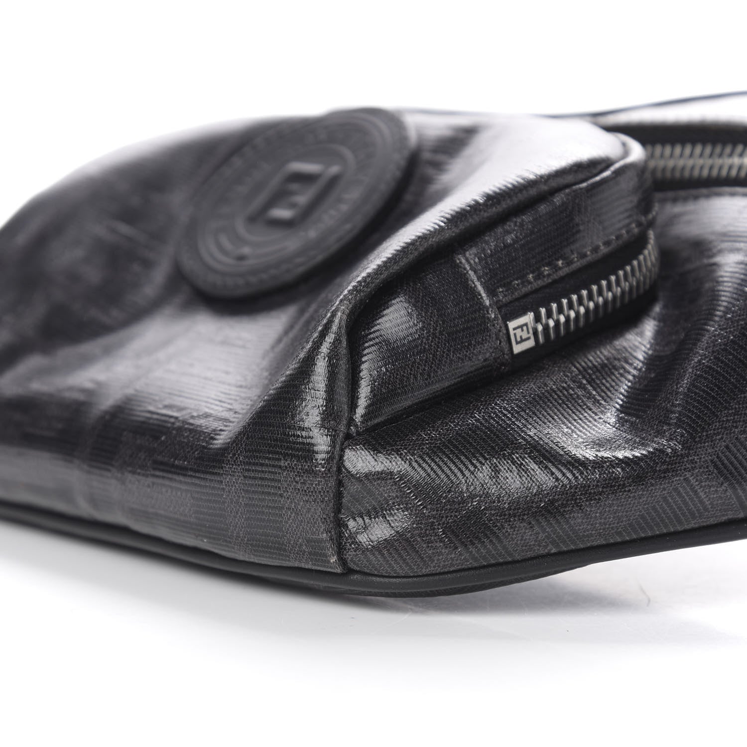 Fendi Glazed Fabric Vitello Century FF 1974 Stamp Patch Pocket Belt Bag Black 9 of 10