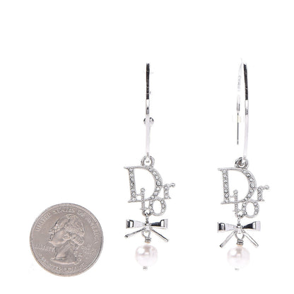 Christian Dior Crystal Pearl Logo Hoop Earrings Silver 2 of 3