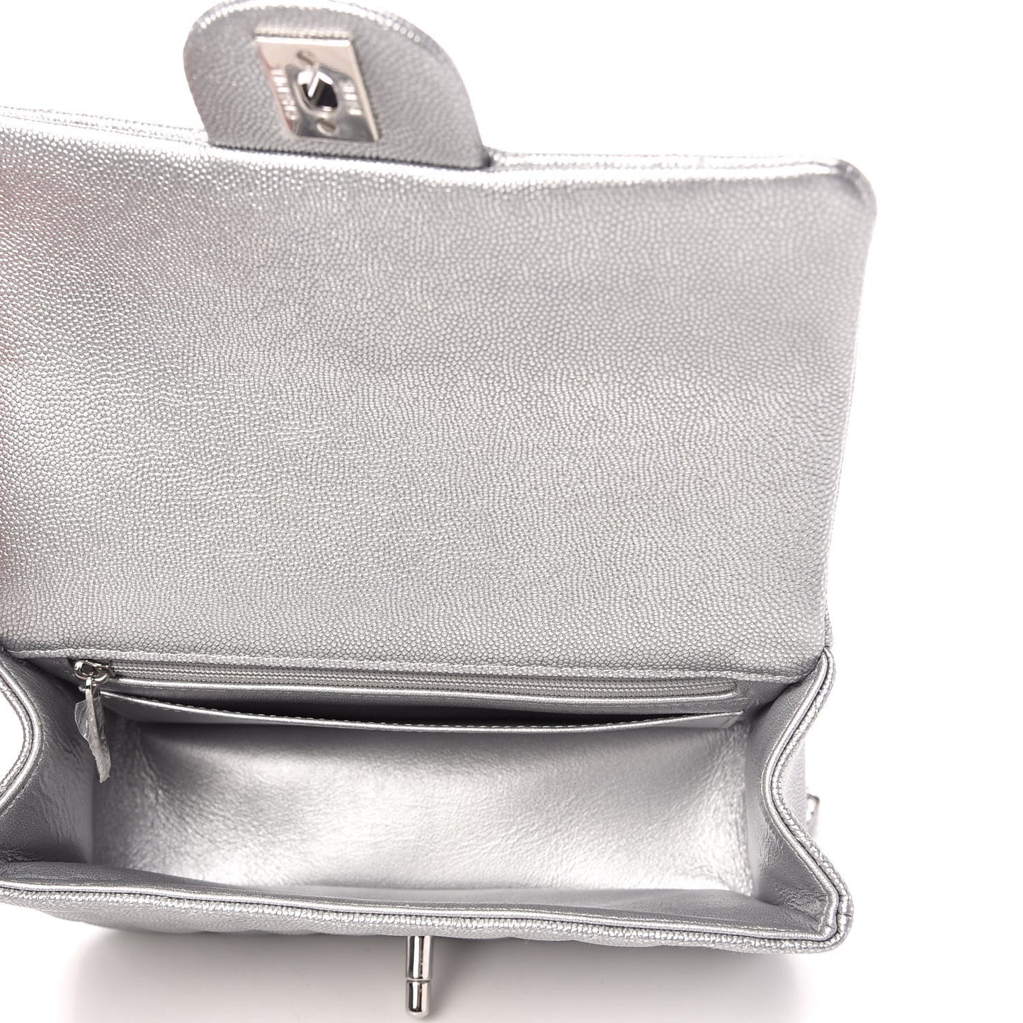 Metallic Caviar Quilted Mini Top Handle Rectangular Flap Silver