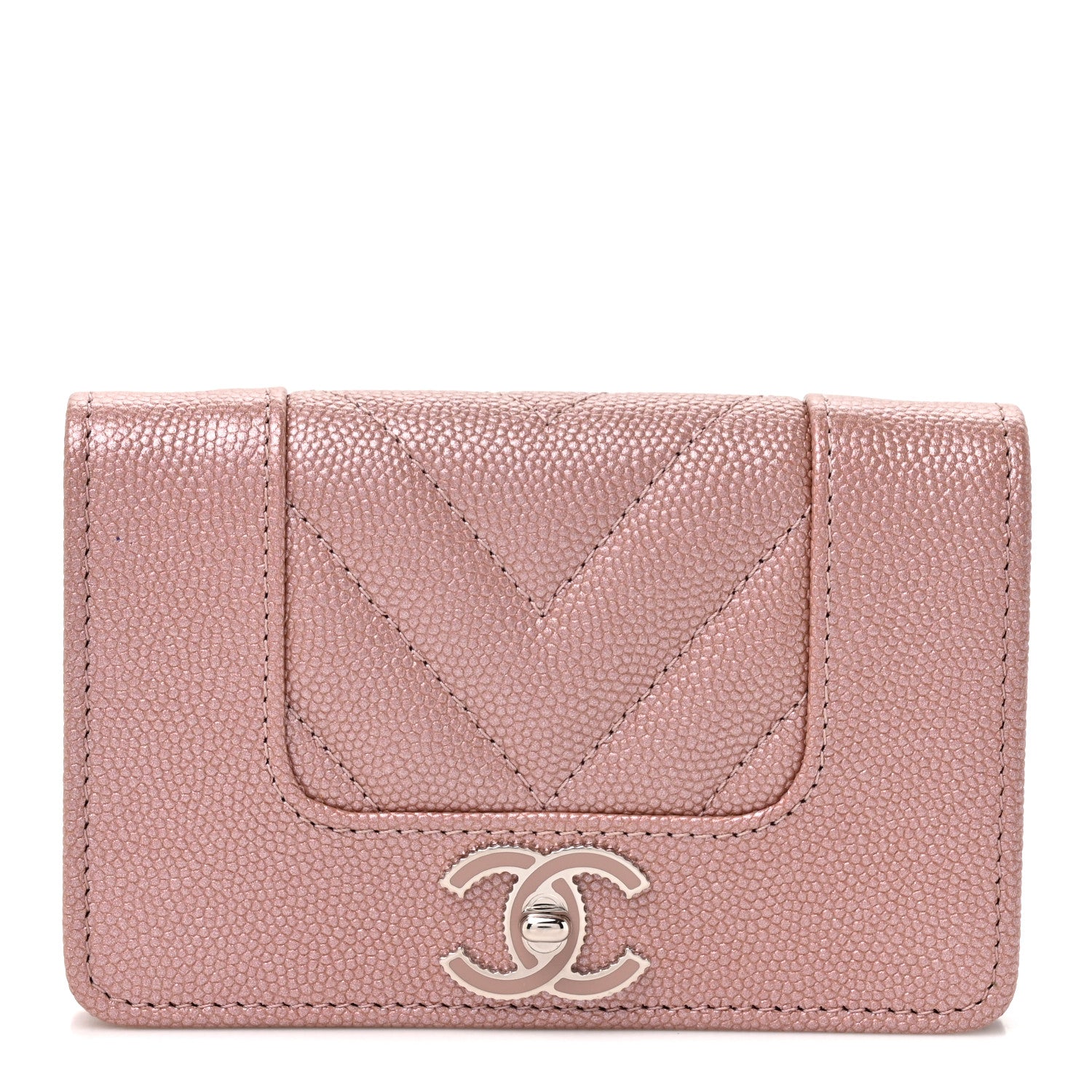 Chanel Metallic Caviar Chevron Quilted Vintage Mademoiselle Flap Card Holder Pink 1 of 9