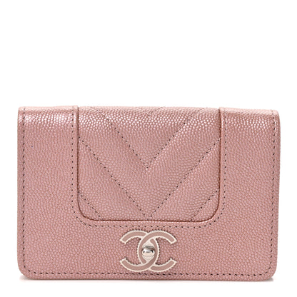 Chanel Metallic Caviar Chevron Quilted Vintage Mademoiselle Flap Card Holder Pink 1 of 9