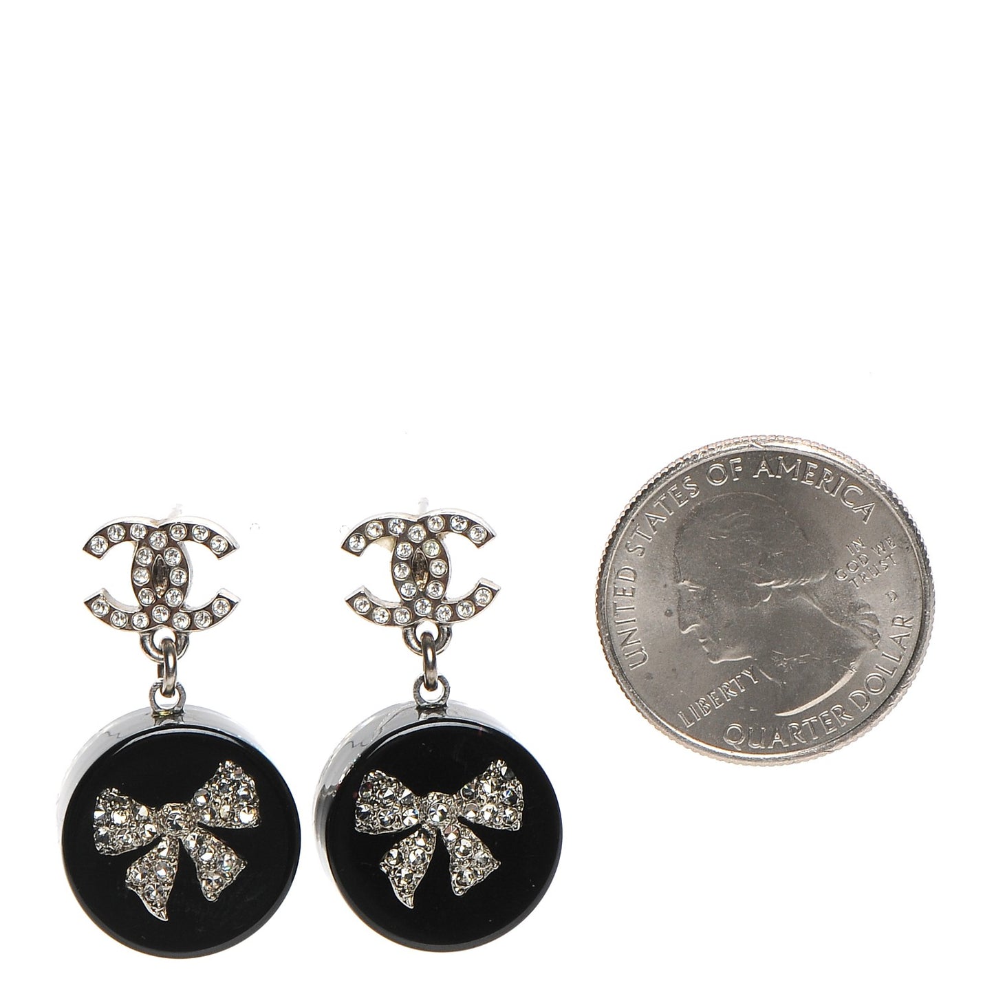 Resin Crystal CC Bow Drop Earrings Black Silver