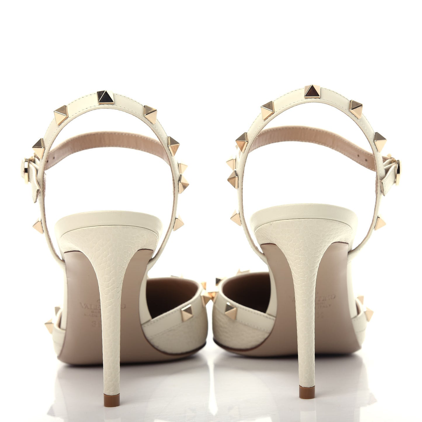 Pebbled Calfskin Rockstud Ankle Strap Pumps 39.5 Ivory