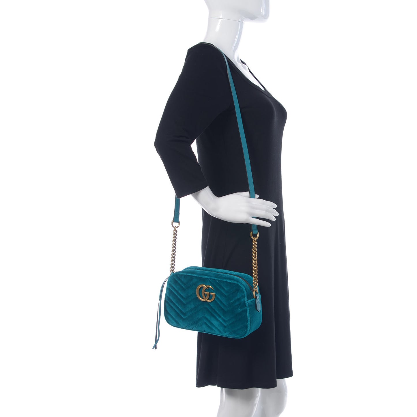 Velvet Matelasse Small GG Marmont Chain Shoulder Bag Pavone Cyan