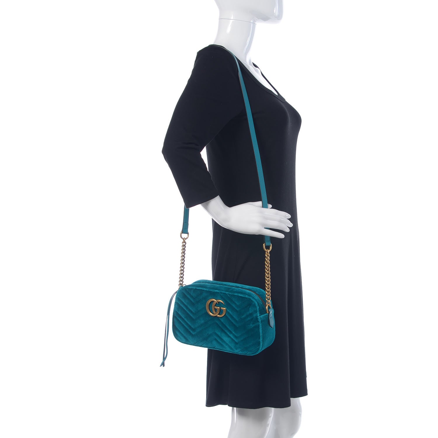 Gucci Velvet Matelasse Small GG Marmont Chain Shoulder Bag Pavone Cyan 2 of 9
