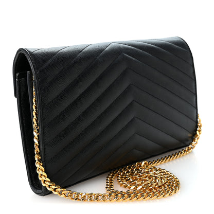 Saint Laurent Grain De Poudre Matelasse Chevron Monogram Chain Wallet Black 3 of 9
