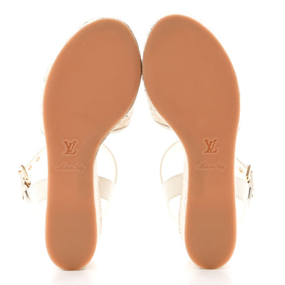 Louis Vuitton Cotton Monogram Embroidered Starboard Wedge Espadrilles 38.5 Beige White 5 of 8