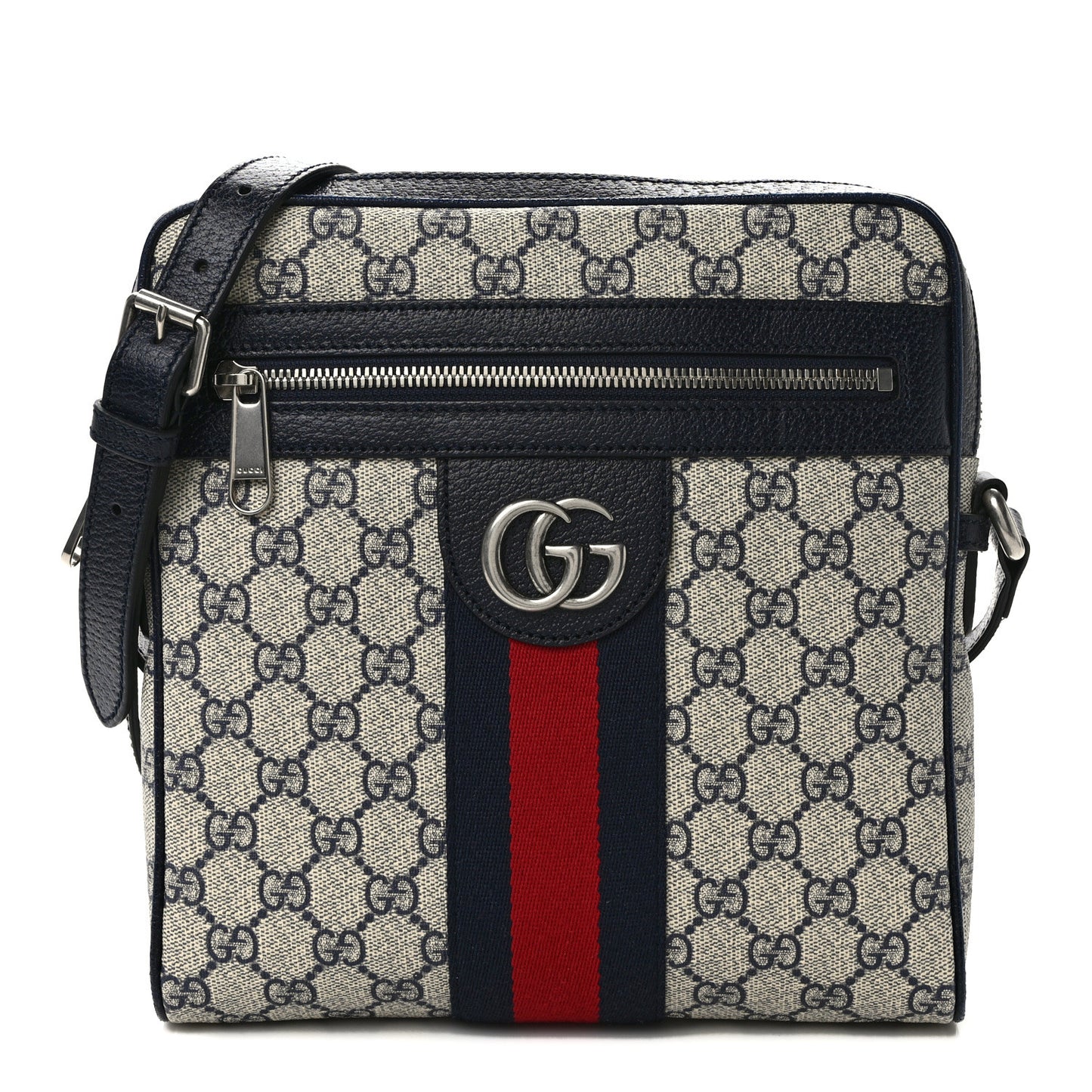 GG Supreme Monogram Textured Dollar Calfskin Web Small Ophidia Messenger Bag Beige Blue