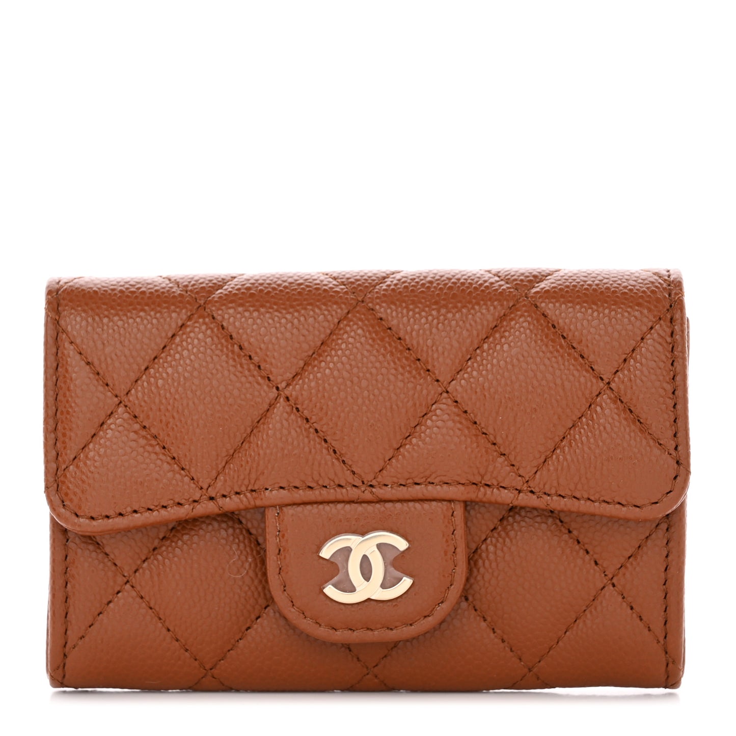 Caviar Quilted Flap Card Holder Wallet Light Brown