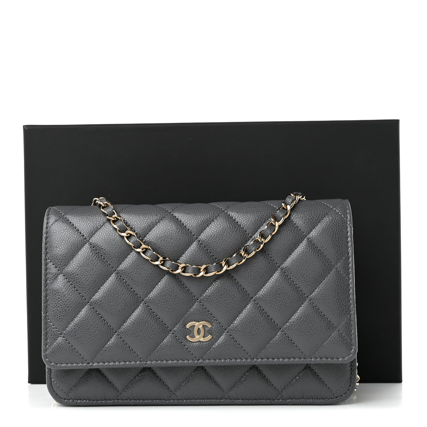 Caviar Quilted Wallet on Chain WOC Grey