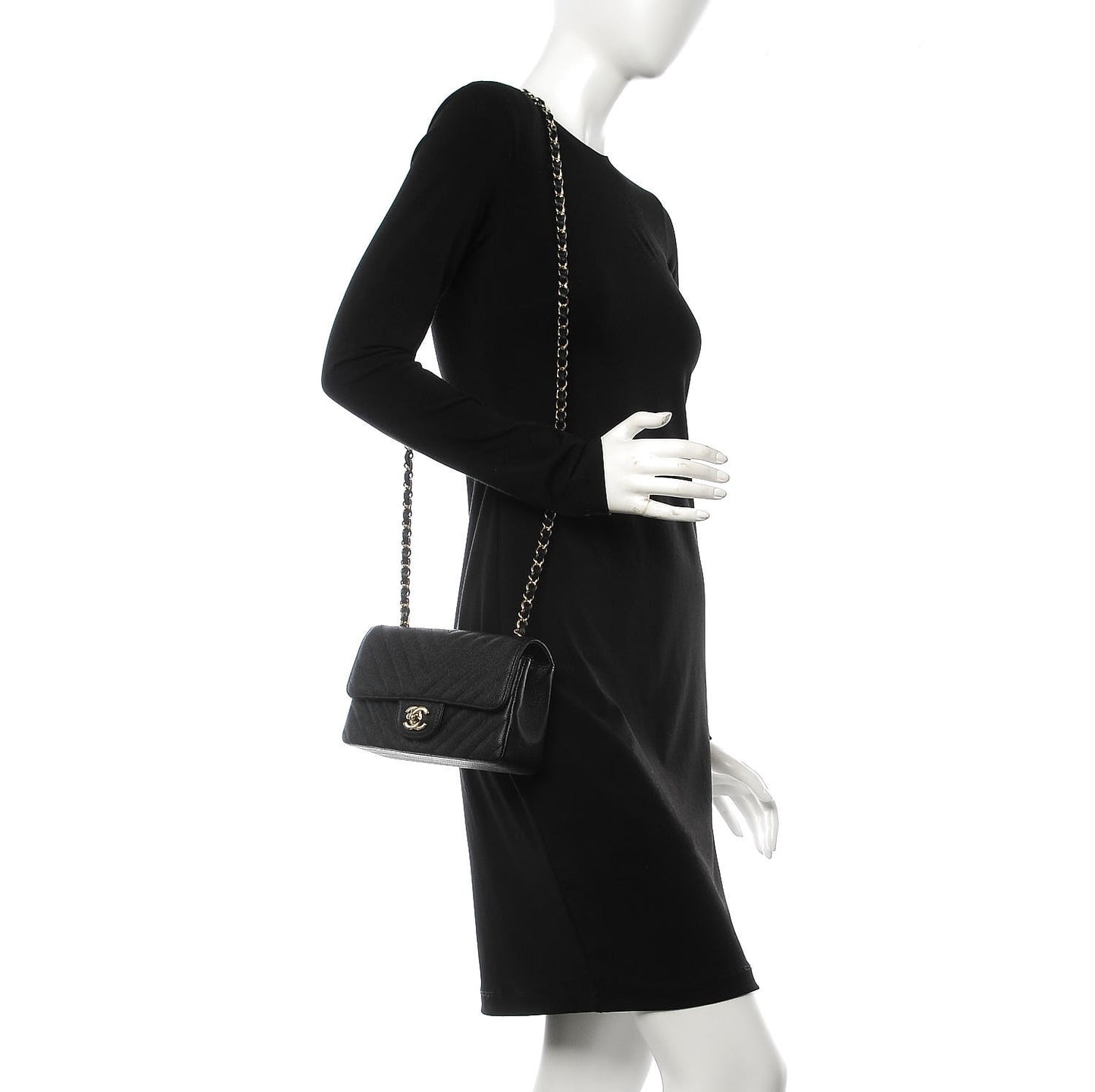 Caviar Chevron Quilted Mini Rectangular Flap Black