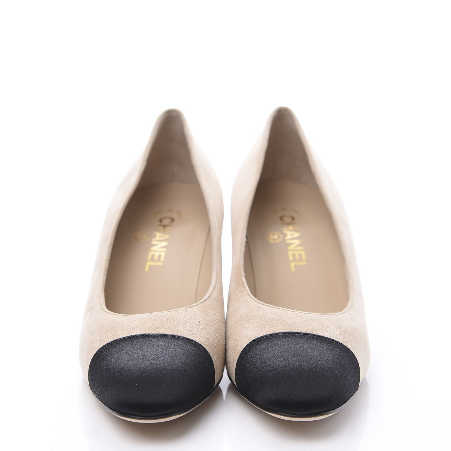 Chanel Suede Satin Cap Toe Low Heel Pumps 39.5 Beige Black 3 of 11