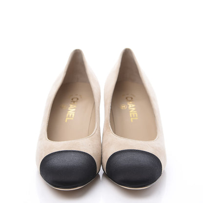 Chanel Suede Satin Cap Toe Low Heel Pumps 39.5 Beige Black 3 of 11