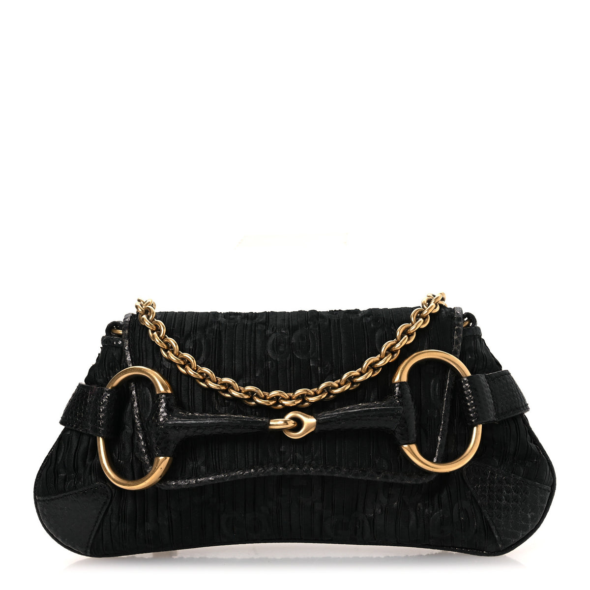 Satin Snakeskin Monogram Mini Horsebit Chain Clutch Black