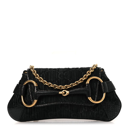 Gucci Satin Snakeskin Monogram Mini Horsebit Chain Clutch Black 1 of 15