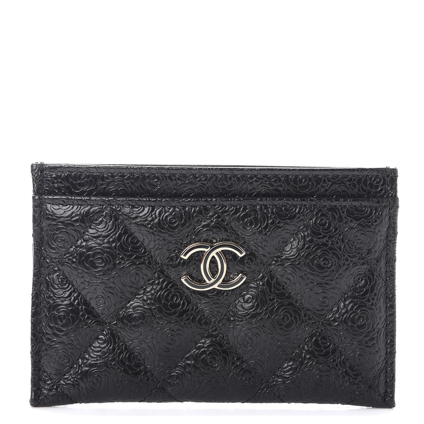 Calfskin Camellia Embossed Quilted Card Holder Black