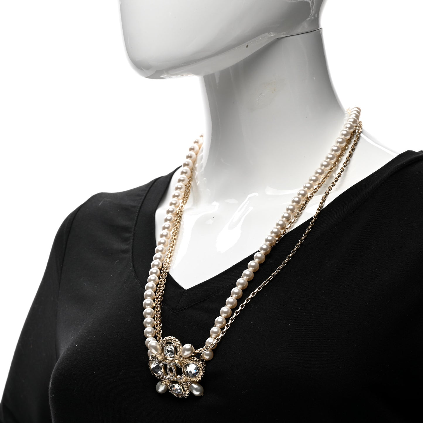 Pearl Crystal Beaded CC Necklace Gold