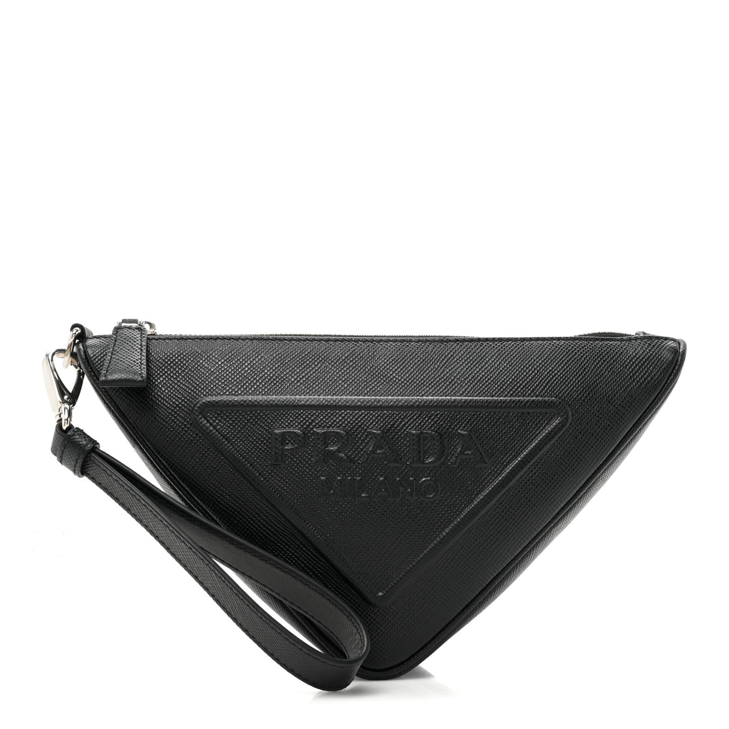 Saffiano Cuir Triangle Logo Embossed Triangle Wristlet Black