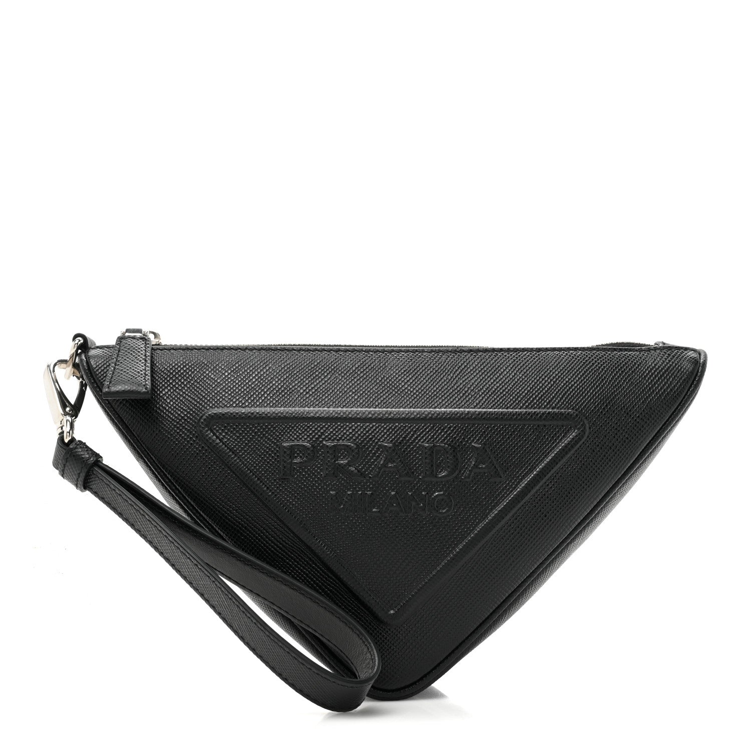 Prada Saffiano Cuir Triangle Logo Embossed Triangle Wristlet Black 1 of 9