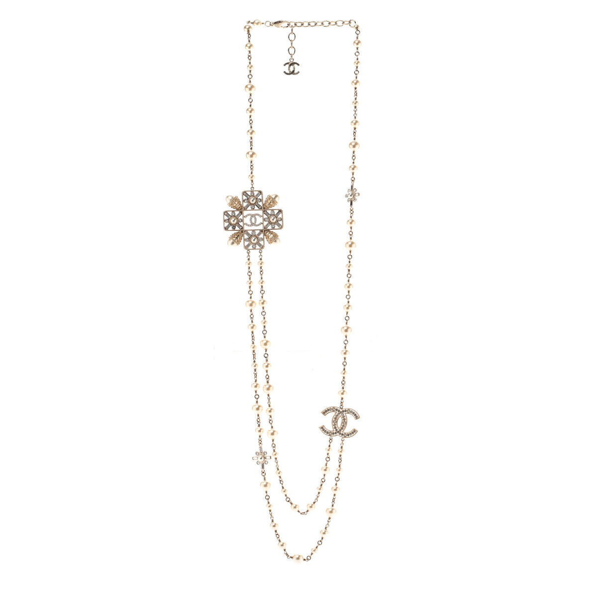 Pearl Crystal CC Long Necklace Gold