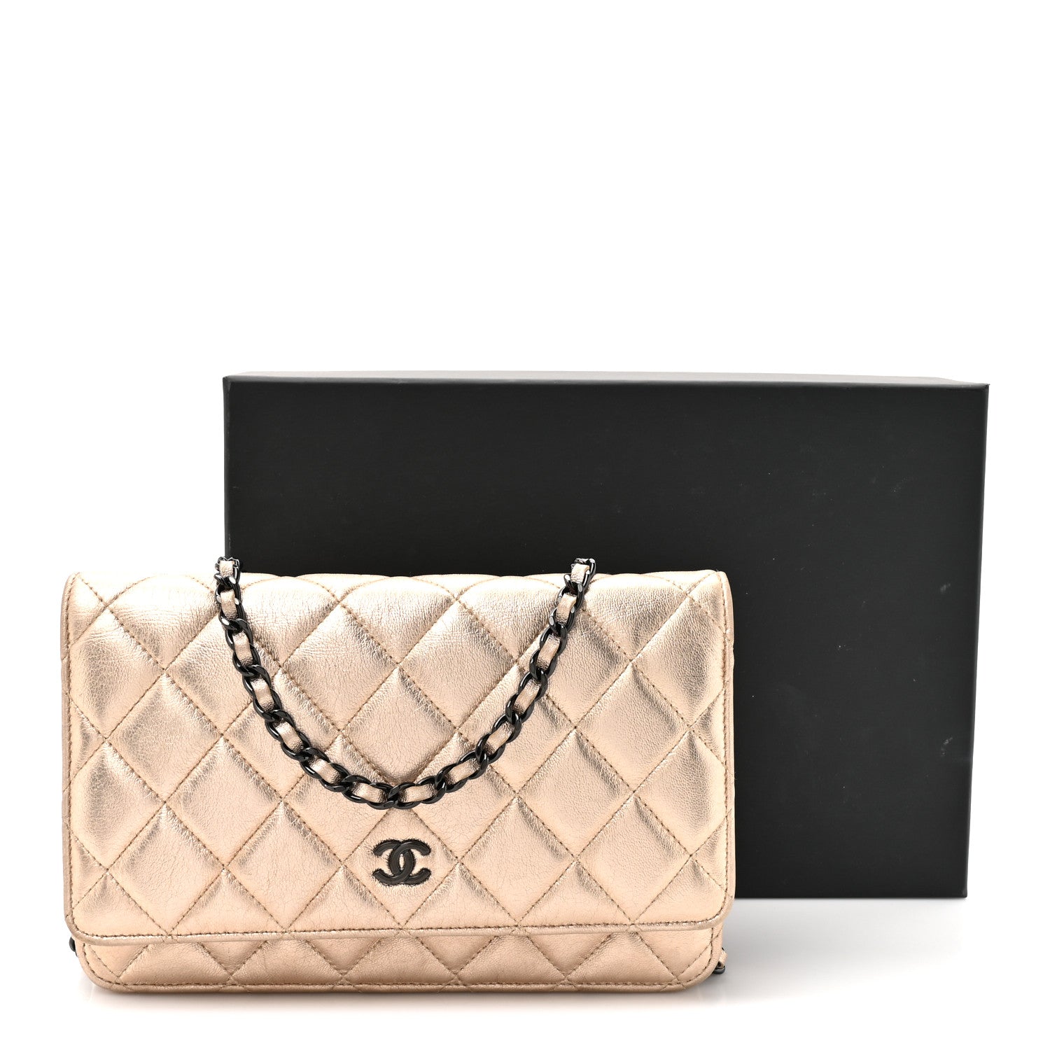 Chanel Metallic Lambskin Quilted Wallet On Chain WOC Gold Black 14 of 14